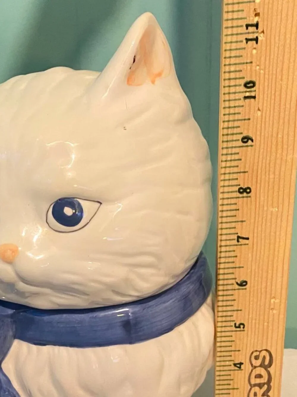 Vintage Ceramic White Cat Cookie Jar & Salt Pepper Shakers Blue Bow 3 Pc Set
